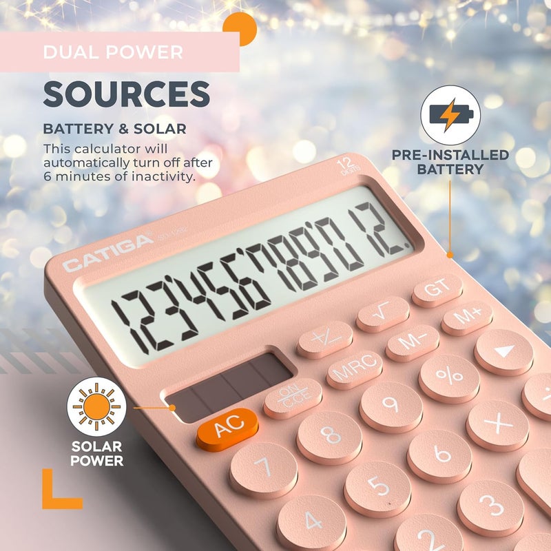 CATIGA 12 Digit Desktop Calculator Basic Desk Calculator with Large LCD Display, Big Buttons, 4 Function, Solar and Battery Dual Power, for Office, School, Home, SD-1292 Pink - Image 5